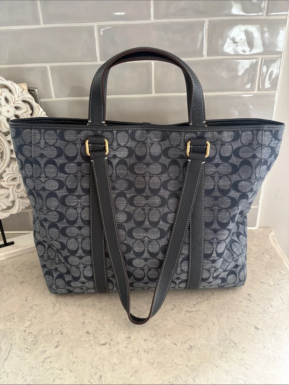 Coach Hudson Double Handle Tote Chambray Denim Leather Tote CH827